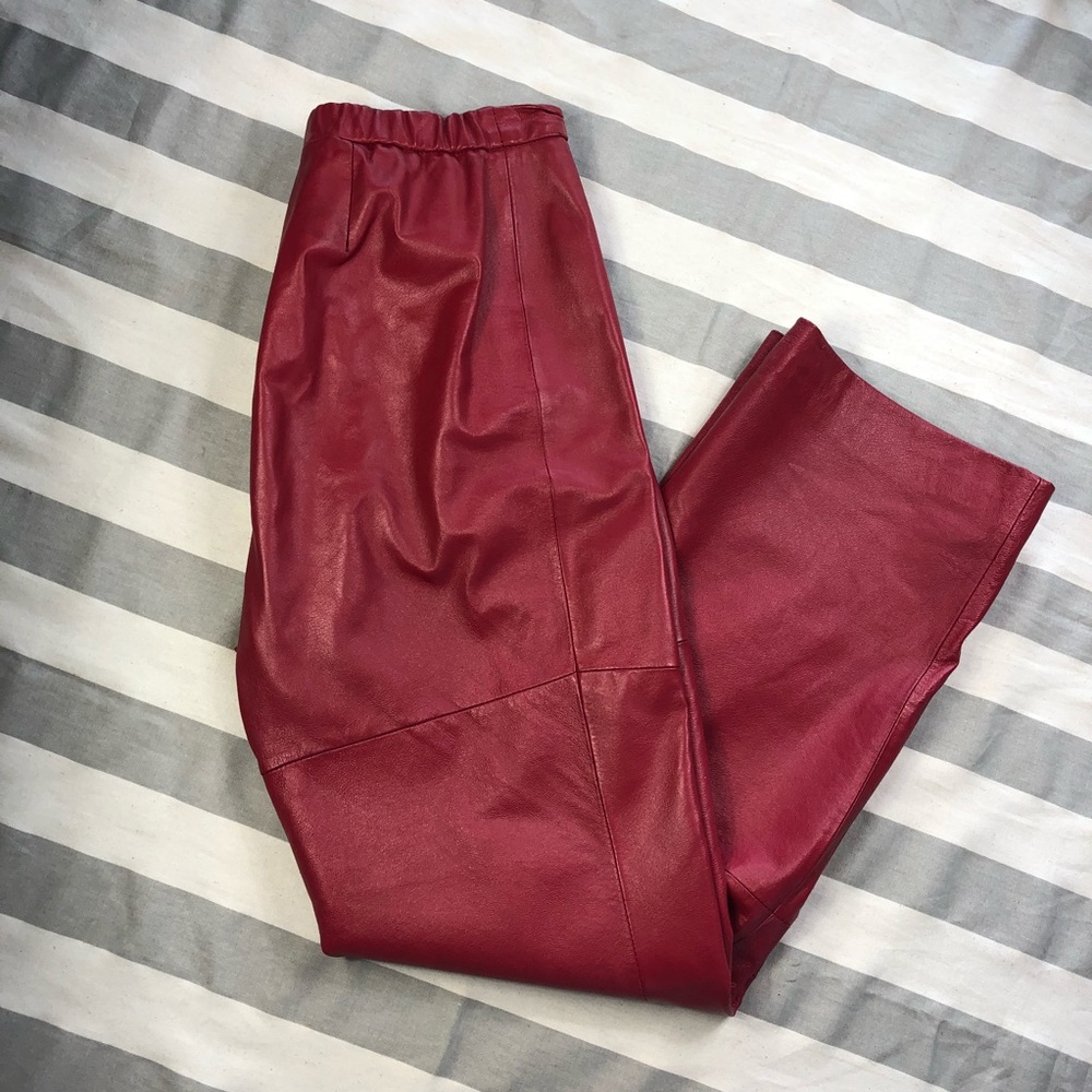 High waisted leather red pants motorcycle chaps side zipper - Picture 3 of 10